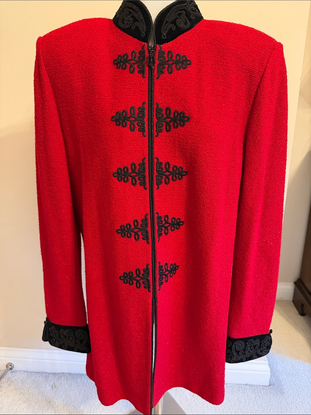 St. John Collection Crimson Red Jacket with Black Embroidered Trim